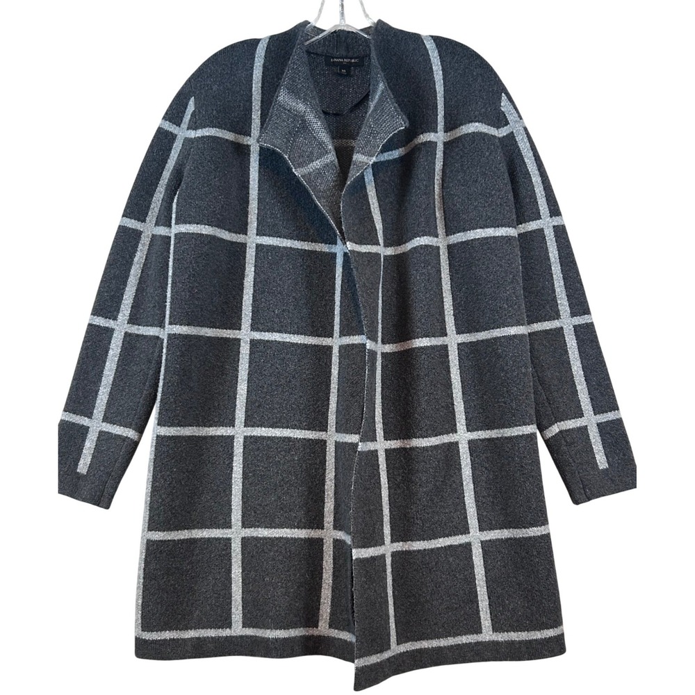 Banana‎ Republic Womens XS Gray Windowpane Plaid Open Front Coatigan Cardigan